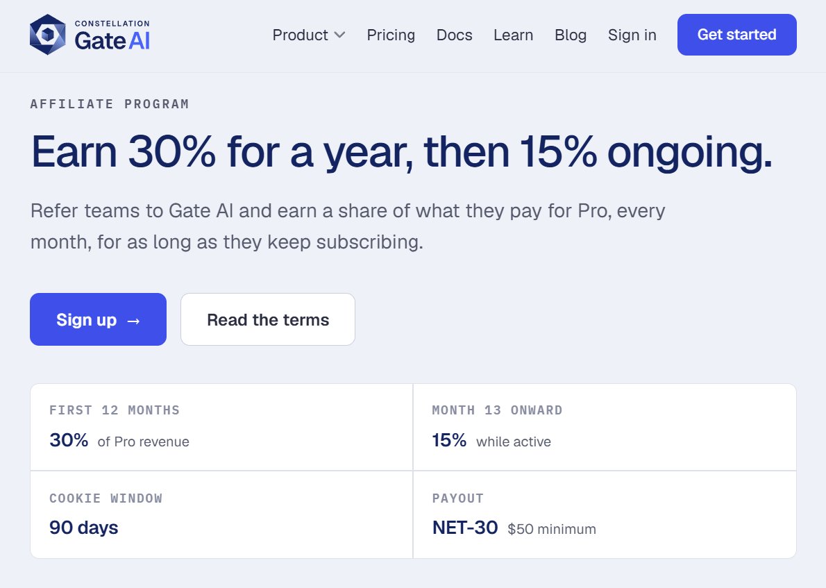 _GateAI's tweet photo. Gate AI affiliates earn 30% of Pro revenue for the first 12 months, then 15% for as long as the account stays subscribed. Gate takes no card at signup, so referrals are written onto the account and survive the trial.
https://t.co/CopIJt32yo https://t.co/ZrTmSrzURW