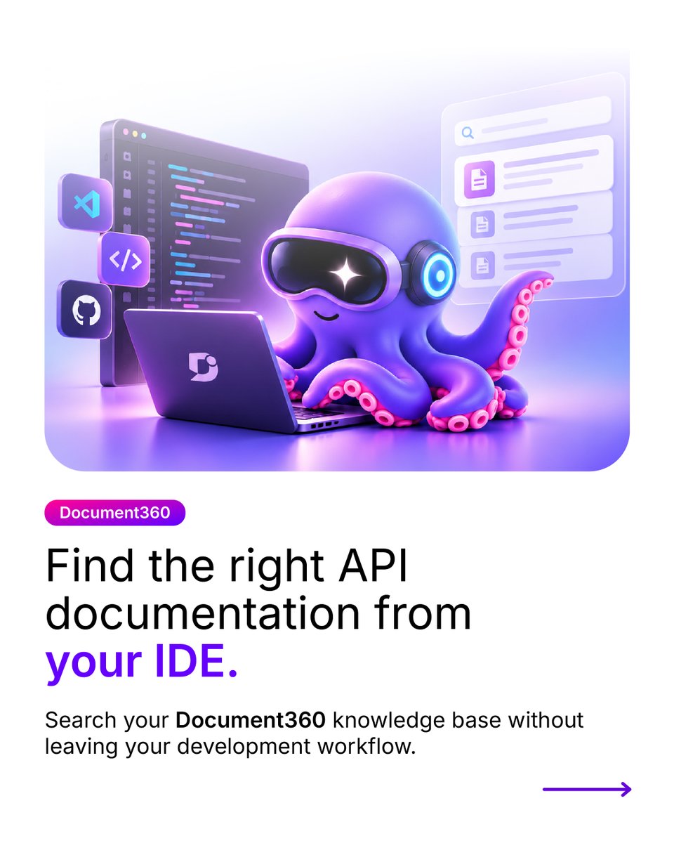 document360's tweet photo. What if your AI assistant could work directly with your documentation?

Document360 MCP connects AI assistants to your knowledge base for developers, support teams, and technical writers.

Your knowledge, wherever your team works.

#MCP #AI #Documentation https://t.co/Z70PYTaSjn