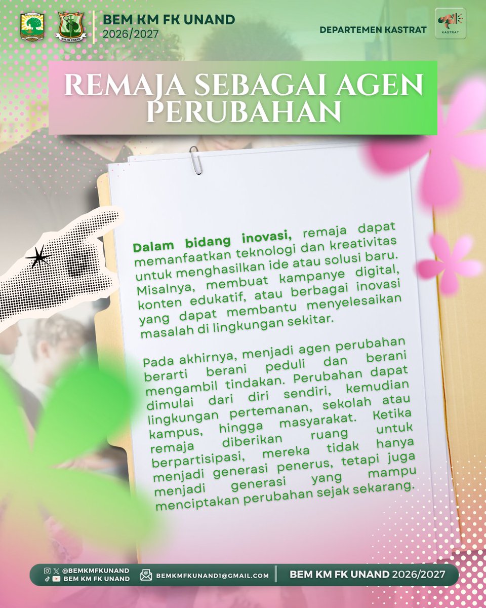 bemkmfkunand's tweet photo. menghadapi berbagai tantangan zaman. Karena perubahan besar selalu dimulai dari langkah kecil yang diambil hari ini.
Selamat Hari Remaja Internasional!
#HariRemajalnternasional
#YouthDay
#AgentOfChange
#GenerasiMuda
#BEMKMFKUNAND https://t.co/mlYbf840Wq
