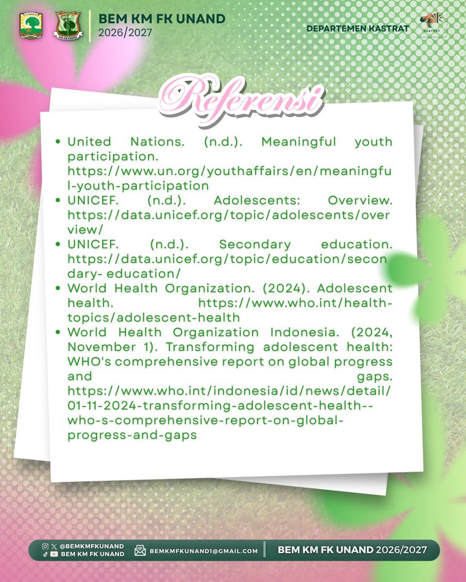 bemkmfkunand's tweet photo. menghadapi berbagai tantangan zaman. Karena perubahan besar selalu dimulai dari langkah kecil yang diambil hari ini.
Selamat Hari Remaja Internasional!
#HariRemajalnternasional
#YouthDay
#AgentOfChange
#GenerasiMuda
#BEMKMFKUNAND https://t.co/mlYbf840Wq