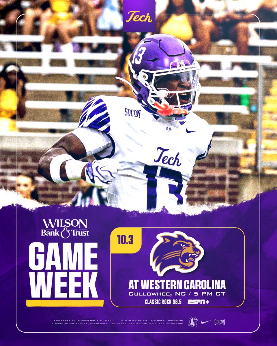 TNTechFootball's tweet photo. 🚨WEEK 5️⃣🚨

📍Cullowhee, NC
🏟️ E.J. Whitmire Stadium
📆 Saturday, October 3rd
⏰ 5PM CST
📺 ESPN ➕
📻 98.5 Classic Rock https://t.co/MKpffOELEl