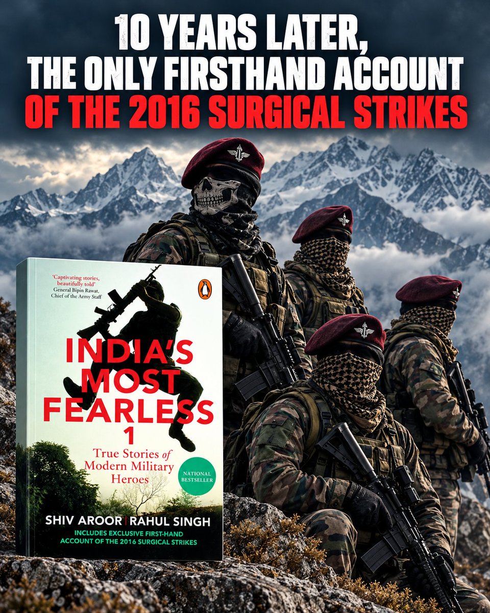 ShivAroor's tweet photo. On this day, 10 years ago, 4 Para Special Forces squads crossed the LoC to avenge the Uri terror attack.

India's Most Fearless 1 remains the only firsthand account of the surgical strikes as told by the Major who led the squads.

📖: https://t.co/tRrTCtt6aI