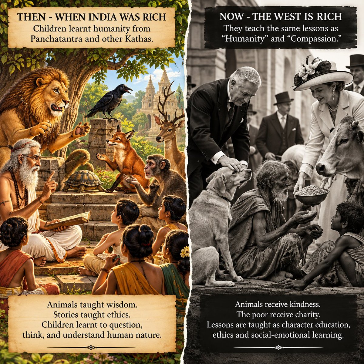 GemsOfINDOLOGY's tweet photo. Picture this.

India taught “humanity” to children 2,000 years ago.

We called it Panchtantra , Jataka tales, Hitopadesha.

Today, the wealthy West teaches similar lessons under sophisticated names like character education, ethics and social-emotional learning.

Same human problems.
Different packaging.

The irony?

We abandoned the stories that taught us how humans actually behave - while congratulating ourselves for rediscovering “humanity.”

pic AI generated