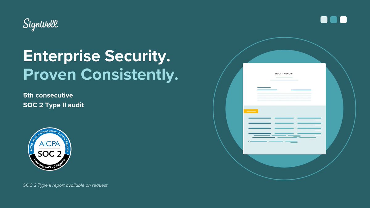 SignWellApp's tweet photo. Security claims are easy to make. Five years of independent audits are harder to argue with.

SignWell just completed its fifth consecutive SOC 2 Type II audit.

Unlike a Type I audit, which evaluates controls at a point in time, a Type II audit examines whether those controls operate effectively over an extended period.

We’ve now completed that process five years in a row.

If your team is going through a security review, our latest SOC 2 report is available on request.

Read more: https://t.co/tdHsFIx8CU