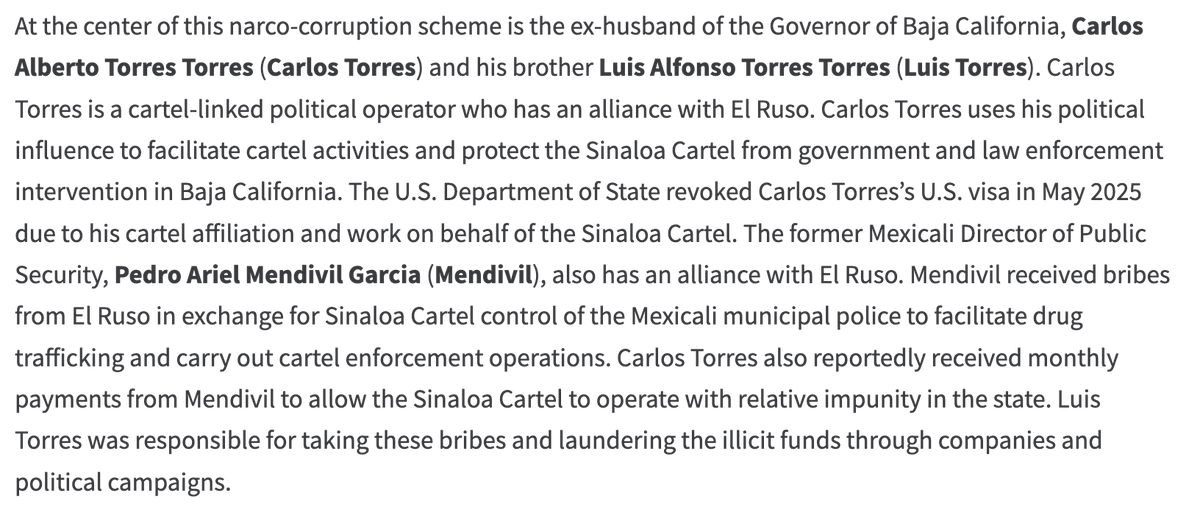 azucenau's tweet photo. 🚨De acuerdo con la OFAC, Carlos Alberto Torres Torres, exesposo de la gobernadora de Baja California, Marina del Pilar Ávila, es señalado como un operador político vinculado al Cártel de Sinaloa y aliado de Juan José Ponce Félix, “El Ruso”, líder de Los Rusos.

La autoridad estadounidense sostiene que Torres utilizó su influencia política para facilitar las operaciones del grupo y que habría recibido pagos mensuales del exdirector de Seguridad Pública de Mexicali, Pedro Ariel Mendívil, para permitir que el cártel operara con relativa impunidad en Baja California.

Además, el Departamento del Tesoro señala que la visa estadounidense de Torres fue revocada en mayo de 2025 por su presunta afiliación con el Cártel de Sinaloa.