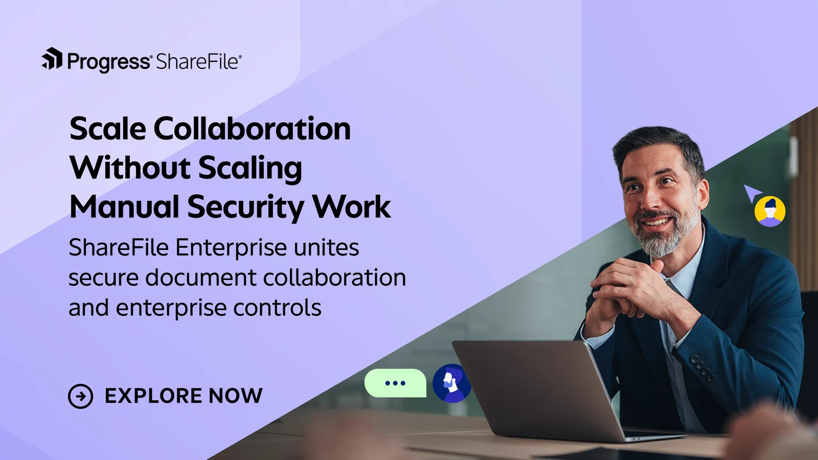 Progress ShareFile Enterprise plan banner: "Scale Collaboration Without Scaling Manual Security Work. ShareFile Enterprise unites secure document collaboration and enterprise controls. Explore now." 