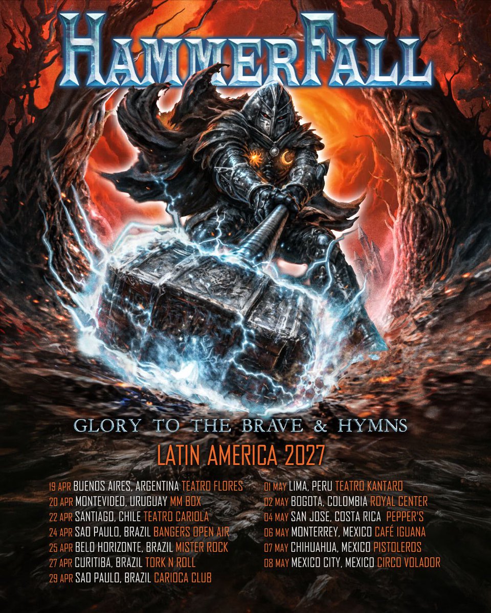 HammerFall's tweet photo. Templars of Latin America, we’re coming back! 🔨🔥
We’re thrilled to announce our return in 2027!

Raise your hammers and get ready, tickets go on sale tomorrow,September 30th, at 10:00 AM local time! ⚔️

#HammerFall https://t.co/X34F3EkUgf