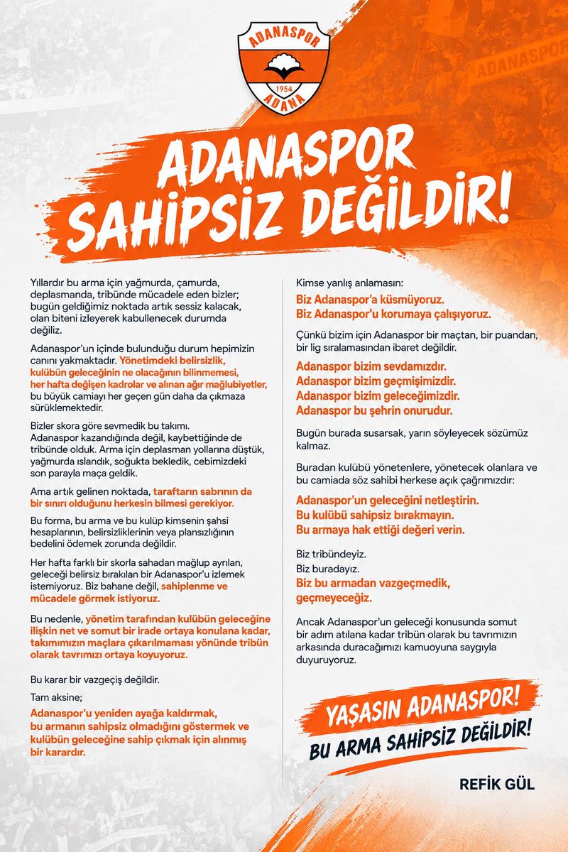 RefikGul's tweet photo. Bu karar bir vazgeçiş,
ADANASPOR sahipsiz değildir!

#Adanaspor
#Turbeyler https://t.co/SrhSkd65bA