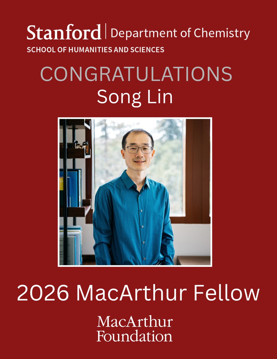 StanfordUChem's tweet photo. Congrats to Prof. Song Lin in Stanford Chem on being named a 2026 MacArthur Fellow! This remarkable recognition honors his creativity, originality, and groundbreaking work in the field of electrochemistry. We're proud to celebrate this wonderful achievement! #MacFellow https://t.co/5RuffAj9VF