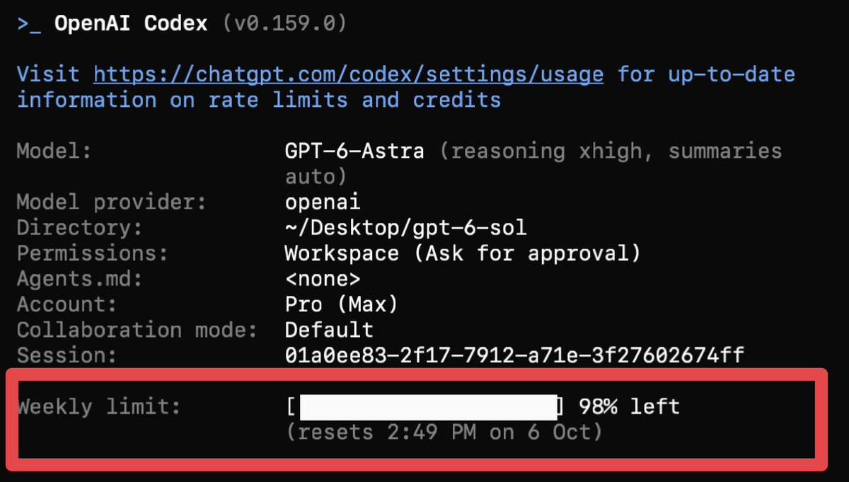 bridgemindai's tweet photo. One GPT 6 Astra prompt using ultrafast on the new $500 ChatGPT Pro Max plan.

Ran for 2 minutes. Used 2% of my weekly limit.

That is 50 prompts, or about 100 minutes of work, before the week is gone. For $500 a month.

This is a complete scam. https://t.co/zIC3V26P2A