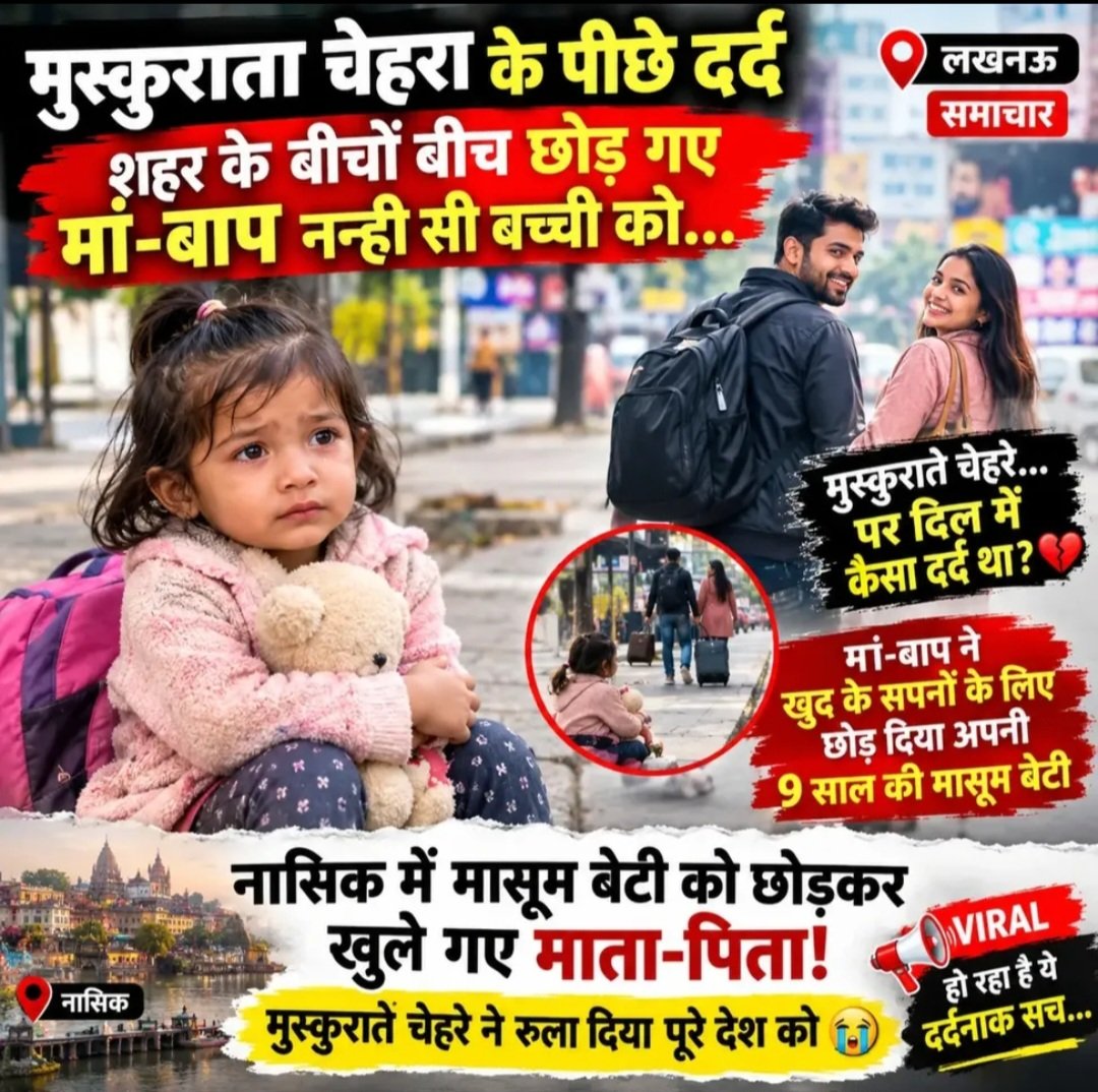 PrabhaUpadhya21's tweet photo. कैसे कैसे माँ बाप हैं जल्लाद,
मुस्कुराते चेहरे के पीछे छिपा दर्द… 💔
नासिक में मासूम बच्ची को छोड़कर चले गए माता-पिता की खबर ने हर किसी को झकझोर दिया। 😢
बच्चों को अकेला छोड़ना कितना दर्दनाक हो सकता है…
आप इस खबर पर क्या कहना चाहेंगे? 💬
#Nashik #LucknowSamachar #BreakingNews https://t.co/51qEL8y9Q2