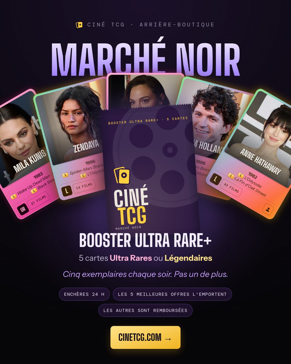 CineTCG's tweet photo. 🕶️ Il y a une arrière-boutique sur Ciné TCG.

- Chaque soir, 5 boosters Ultra Rare+ seulement : 5 cartes UR ou Légendaires dans chacun.
- Enchères sur 24 h, les 5 meilleures offres les emportent, les autres sont remboursées.

Ça se passe ici 👇
https://t.co/twGwMst6Jl https://t.co/EVdpj4wk32