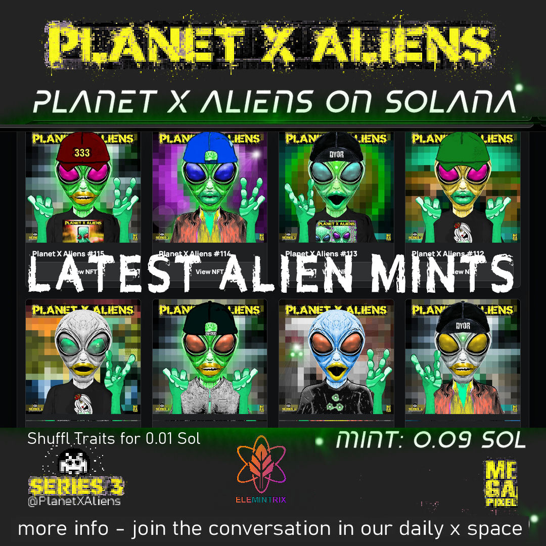 PlanetXAliens's tweet photo. Make A Great Alien !
Either Choose your Traits &amp; Shuffle Rarity
or let the Trait Chase Game Random Generate
Solana Collection @Elemintrix_mp 
104/333 atm 
Mint for 0.09 Sol
Shuffle  0.01
*launch-pad mint link :
https://t.co/bMttaB3quH
.
#SolanaNFT #NFTs https://t.co/MJdo2KnNqe