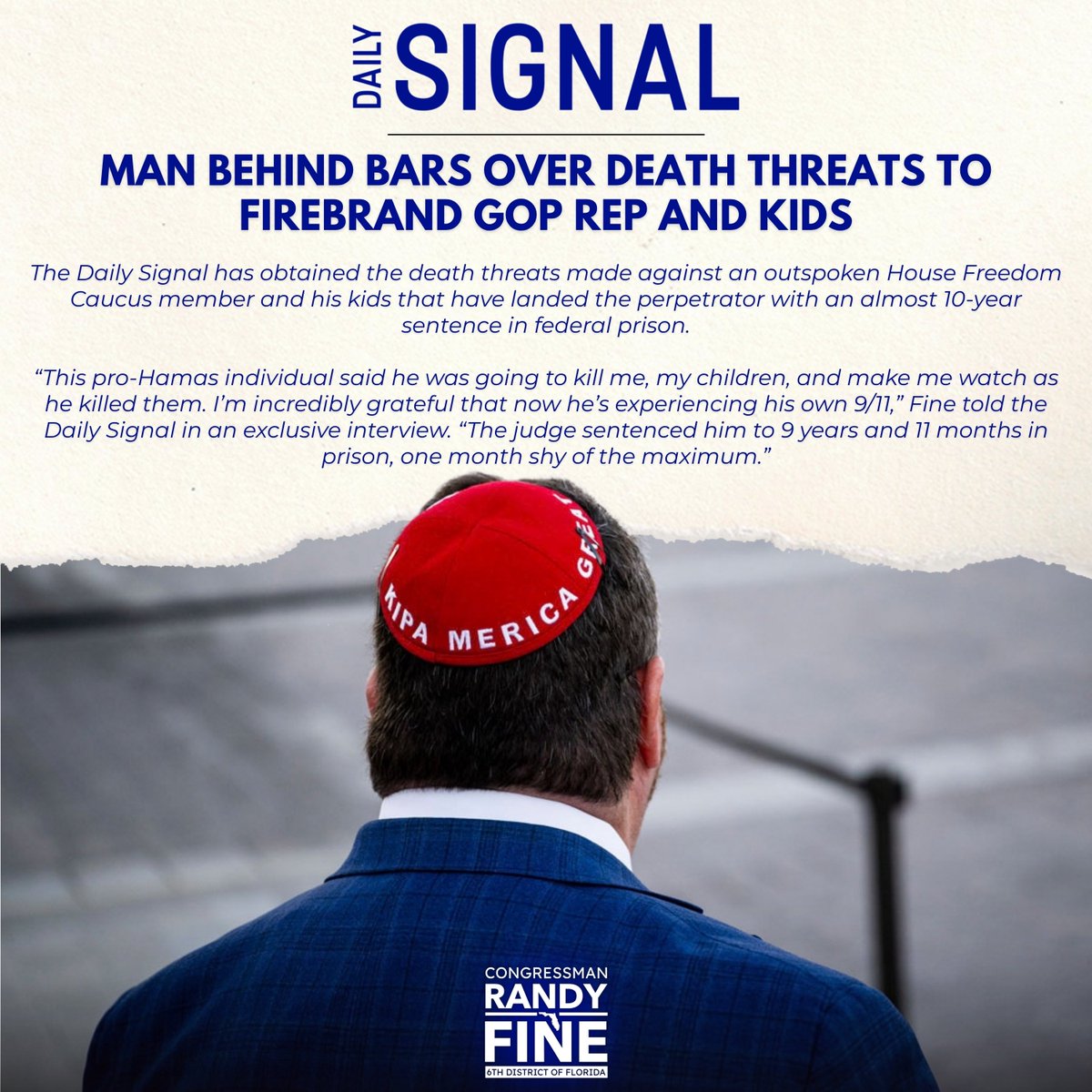 RepFine's tweet photo. My son came home from his first day of junior high to a swarm of police. 

A pro-Hamas coward had threatened to murder him and make me watch.

This cannot be tolerated. 

That man is now sitting in a federal prison cell for 9 years and 11 months. https://t.co/yy2hwL3haw