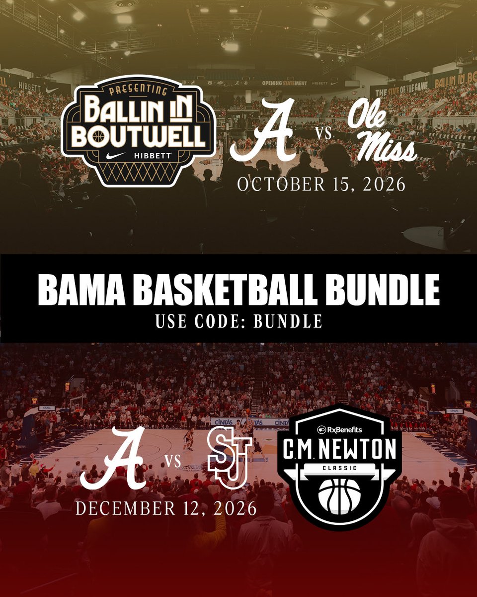 CMNewtonClassic's tweet photo. 🚨 Deal ends TODAY!

Catch @AlabamaMBB in back-to-back trips to Birmingham! Purchase tickets to both @ballinboutwell and @RxBenefits C.M. Newton Classic and get 20% OFF!

Enter code BUNDLE prior to selecting seats to unlock the discount.

Tickets available on Ticketmaster. 🎟️ https://t.co/ZktSIuveLe