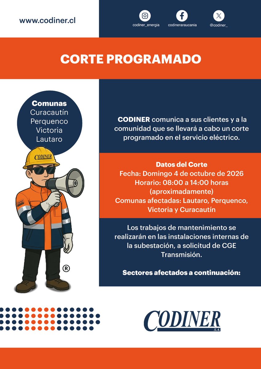 Codiner_'s tweet photo. Informamos a nuestros clientes que se efectuará un corte temporal en el suministro eléctrico para realizar mantenimientos solicitados por CGE Transmisión en su subestación.

🗓 Fecha: Domingo 4 de octubre de 2026

⏰ Horario: 08:00 a 14:00 hrs. (Aprox.)
In https://t.co/wiDWBaCmNg
