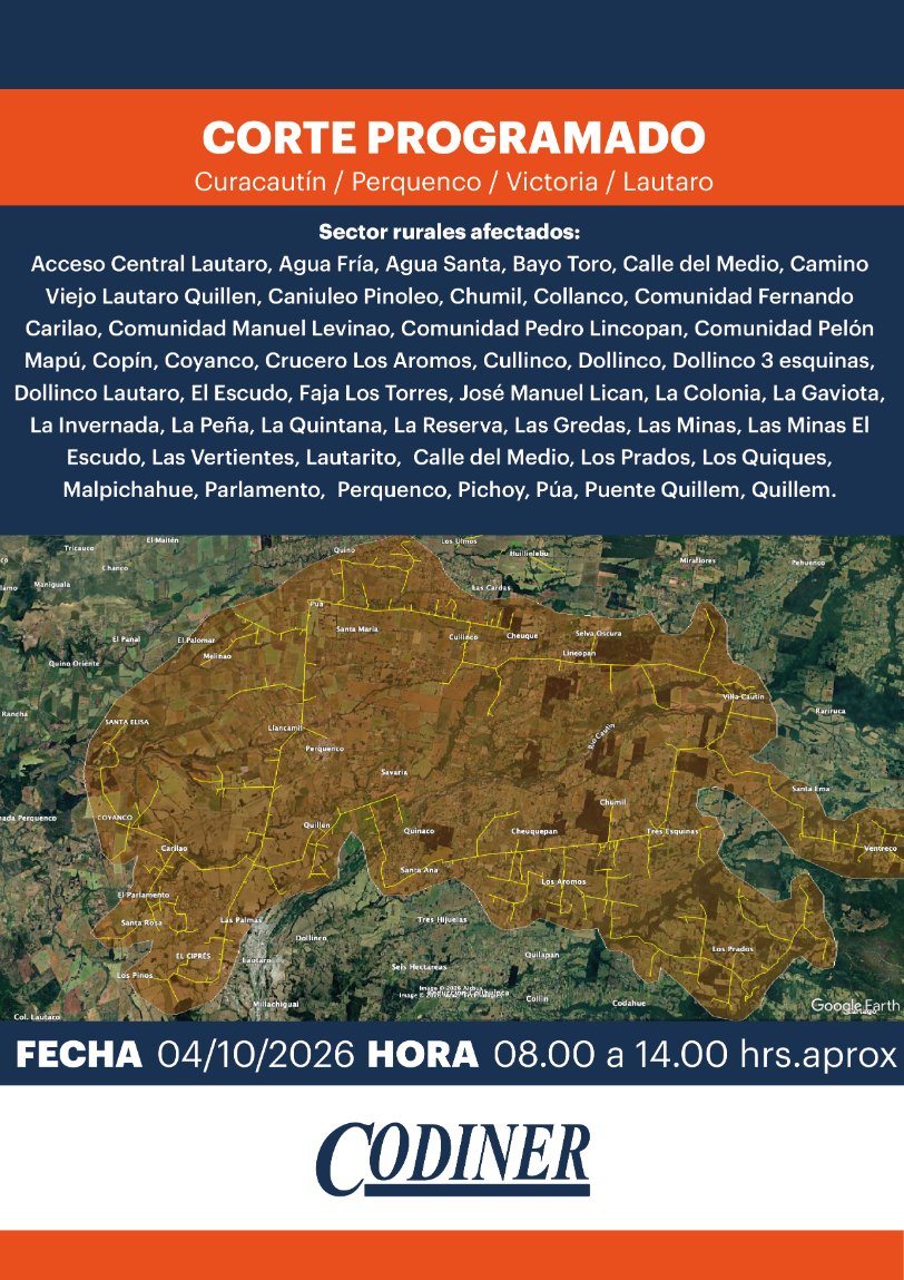 Codiner_'s tweet photo. Informamos a nuestros clientes que se efectuará un corte temporal en el suministro eléctrico para realizar mantenimientos solicitados por CGE Transmisión en su subestación.

🗓 Fecha: Domingo 4 de octubre de 2026

⏰ Horario: 08:00 a 14:00 hrs. (Aprox.)
In https://t.co/wiDWBaCmNg