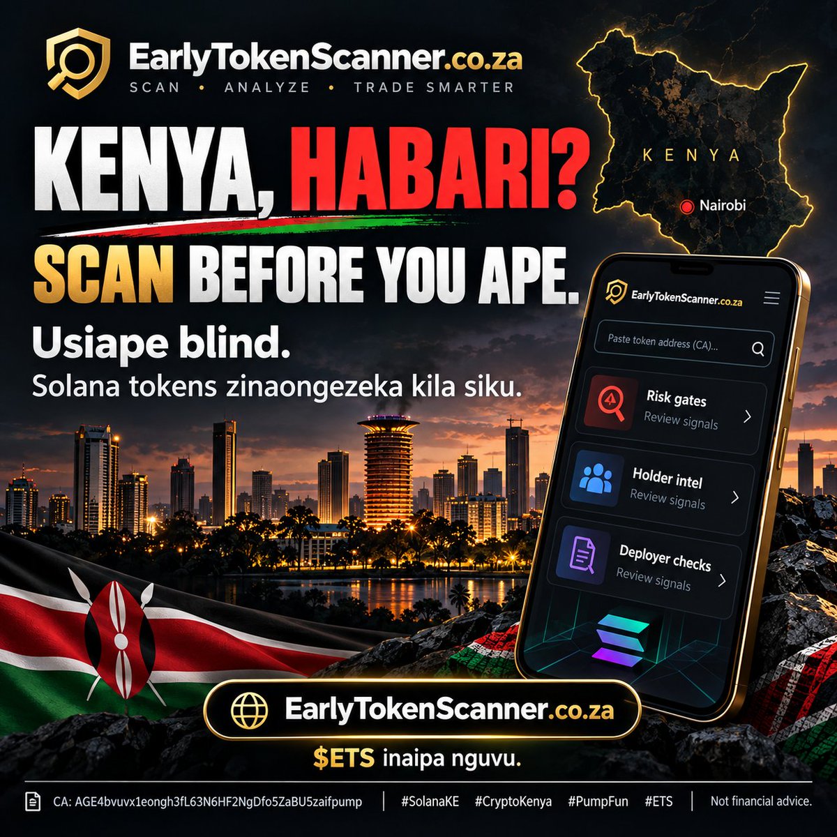 EarlyTokenSc's tweet photo. Kenya, habari? 🇰🇪
Solana tokens zinaongezeka kila siku. Usiape blind.

https://t.co/ANrkEp2RU4 ni evidence-first scanner — risk gates, holder intel, deployer checks.
$ETS inaipa nguvu.
CA: AGE4bvuvx1eongh3fL63N6HF2NgDfo5ZaBU5zaifpump

Scan before you ape.
#SolanaKE #CryptoKenya #PumpFun ETS
Not financial advice.