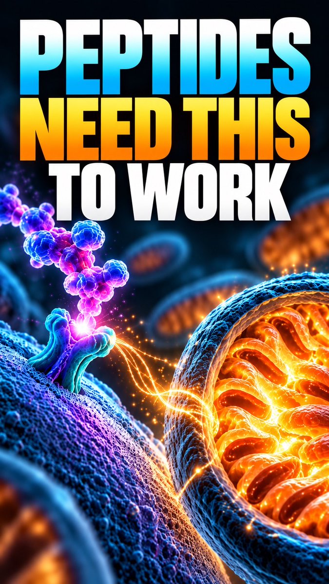 A vibrant, high-contrast digital illustration depicting purple and blue peptide molecules binding to a glowing blue cellular receptor, with the bold headline 'PEPTIDES NEED THIS TO WORK'.
