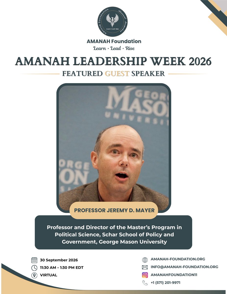 AmanahFoundatio's tweet photo. We're delighted to welcome
Professor Jeremy D. Mayer to Amanah Leadership Week
2026！ https://t.co/6P7gaqYNvO