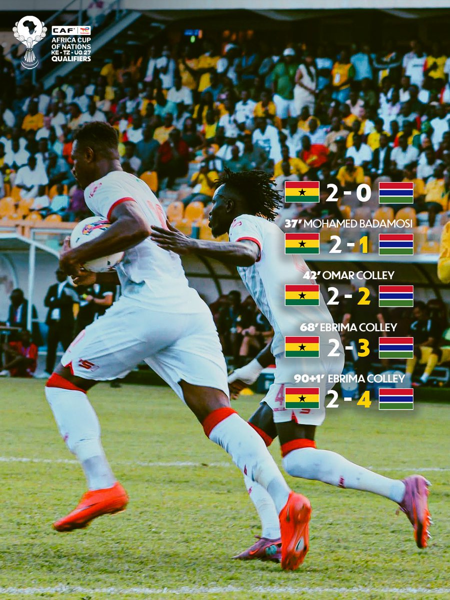 CAF_Online's tweet photo. What a way to turn things around! 🤯🇬🇲

The Gambia make it 4-2 against Ghana in the #TotalEnergiesAFCON2027 Qualifiers. https://t.co/qUhdOedJhQ