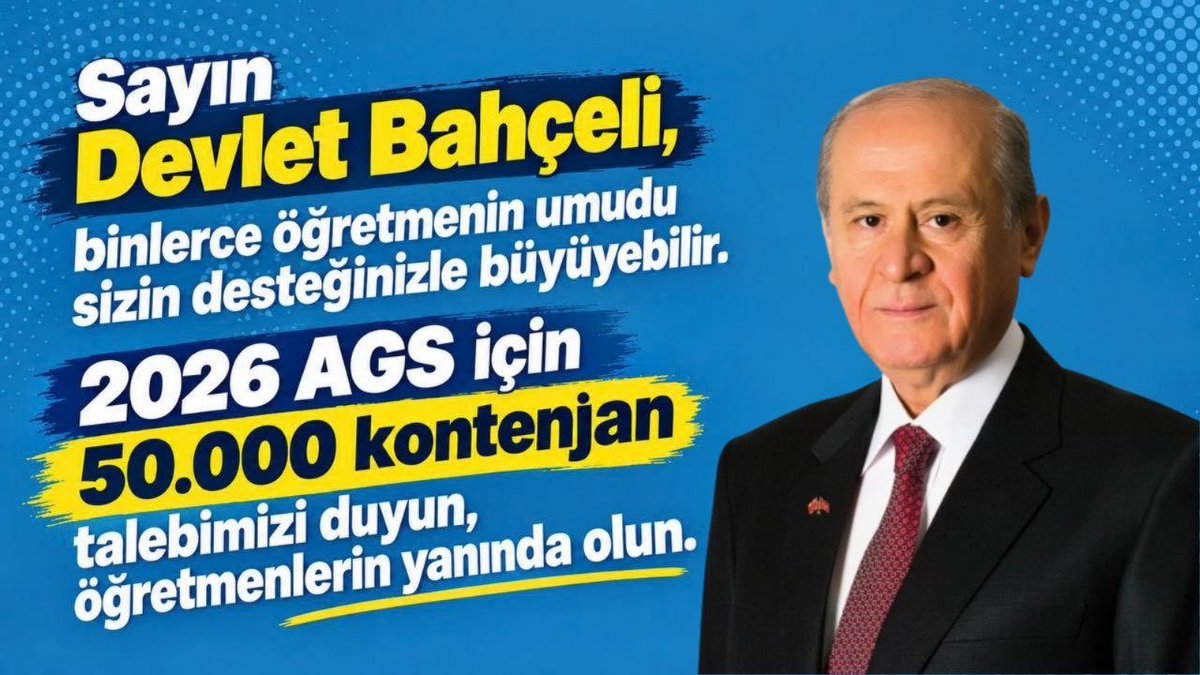 AysegulOzipek1's tweet photo. Sahadaki öğretmen açığını kapatmak amacıyla 2026 AGS ile MEB Akademisi'ne 50 bin alım kararında Sayın Devlet Bahçeli'nin desteğini umuyoruz. @dbdevletbahceli @MHP_Bilgi @PrfDrFilizKilic @ersoyruhi @Eyupyildizlar @ismailozdemirrr @ayyildirim1 #AGS50BinDevletBeyle https://t.co/VHfVsvDgNw