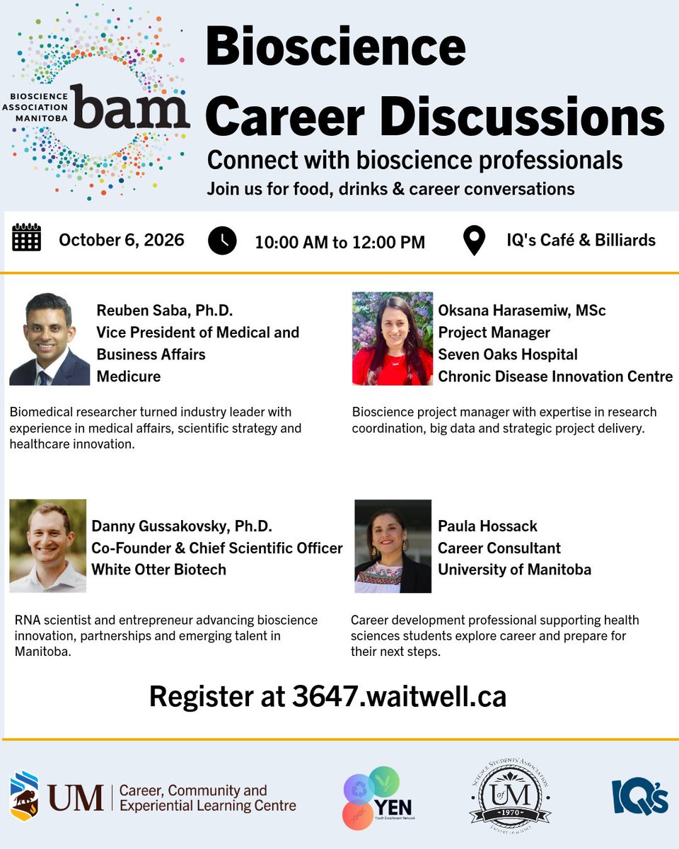 BioscienceMB's tweet photo. Curious about what a career in bioscience can look like? Join us for an opportunity to connect with bioscience professionals and hear about their career journeys, experiences and advice.

Register: https://t.co/lTGTGBoHBj https://t.co/UV8dDD4oa9