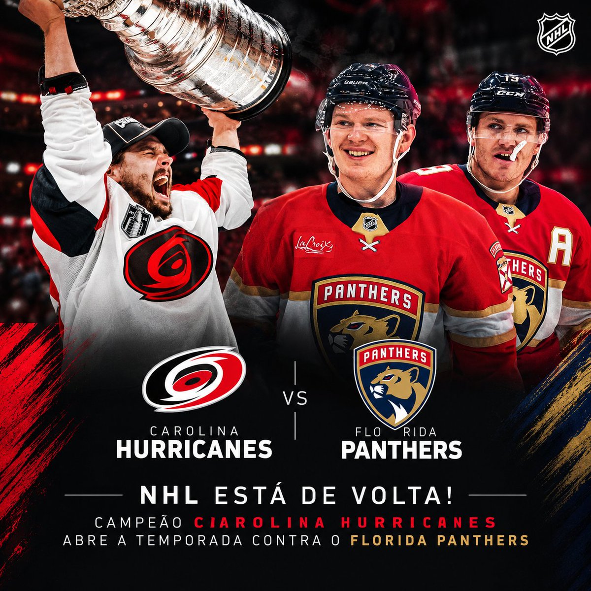 InsidetheLigas's tweet photo. NHL ESTÁ DE VOLTA! CAMPEÃO CAROLINA HURRICANES ABRE A TEMPORADA CONTRA O FLORIDA PANTHERS

A temporada regular de 2026-27 da NHL começa oficialmente, marcada por grandes mudanças estruturais e uma rodada de abertura eletrizante. Além disso, este ano traz novidades importantes nas diretrizes de segurança e no calendário internacional de hóquei. 

O grande destaque da noite é o atual campeão da Stanley Cup, Carolina Hurricanes, que hasteia o seu banner de título antes de enfrentar o Florida Panthers. Outro marco importante é a provável estreia profissional de Gavin McKenna, a primeira escolha geral do Draft de 2026, pelo Toronto Maple Leafs.

A temporada começa com tudo em uma noite de abertura recheada com cinco grandes confrontos:

Florida Panthers x Carolina Hurricanes
Canadiens de Montréal x Toronto Maple Leafs
New York Rangers x Boston Bruins
Vancouver Canucks x Edmonton Oilers
Chicago Blackhawks x Vegas Golden Knights

Pela primeira vez desde a temporada 1993-94, o calendário foi expandido. As equipes jogarão 84 partidas na temporada regular, duas a mais que o formato anterior de 82. O acréscimo foi feito para equilibrar os confrontos divisionais e, por conta disso, a temporada começou mais cedo, ainda em setembro.

Uma mudança crucial de segurança entra em vigor neste início de temporada. Todos os jogadores calouros são obrigados a usar proteção anticorte na região do pescoço. Atletas veteranos estão isentos da obrigatoriedade, embora muitos já tenham aderido ao equipamento voluntariamente. 

Após duas temporadas sem o formato tradicional, devido ao Torneio das 4 Nações e aos Jogos Olímpicos de Inverno, o Jogo das Estrelas retorna e será sediado na UBS Arena, em Elmont, Nova York. 

Esta edição introduzirá um formato inédito com um torneio 3-contra-3 disputado por cinco equipes internacionais: Canadá, Estados Unidos, Finlândia, Suécia e um combinado do "Resto do Mundo". 

Cinco eventos especiais vão acontecer durante a temporada 2026-27. O NHL Global Series, partidas internacionais na Europa e jogos ao ar livre, como os clássicos.

Duas partidas da temporada regular entre o Carolina Hurricanes e o Seattle Kraken, realizadas na Veikkaus Arena, em Helsinque, na Finlândia. O Chicago Blackhawks e o Ottawa Senators viajam até Düsseldorf, na Alemanha para uma rodada dupla de confrontos.

O clássico canadense colocará frente a frente o Winnipeg Jets e o Canadiens de Montréal. A partida será disputada no Princess Auto Stadium, em Winnipeg, Manitoba.

Celebrando a virada de ano, o recém-renomeado Utah Mammoth enfrentará o Colorado Avalanche. O grande palco será o Rice-Eccles Stadium, localizado em Salt Lake City, Utah. 

Em um megaevento no Texas, o Dallas Stars jogará contra o Vegas Golden Knights. O duelo ocorrerá na gigantesca arena de futebol americano AT&T Stadium, em Arlington.