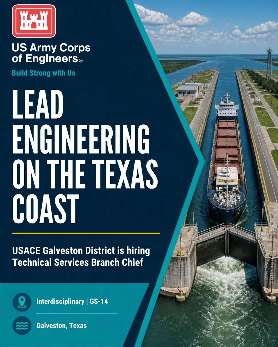 SwdUsace's tweet photo. We are #hiring!
GS-14 Supervisory Interdisciplinary Technical Services Branch Chief position with #USACE Galveston District, E&C Division.
Requires an active Professional Registered Engineer License or Registered Architect License.
Apply here!
https://t.co/TJ7RMiColS https://t.co/JbkZgini35