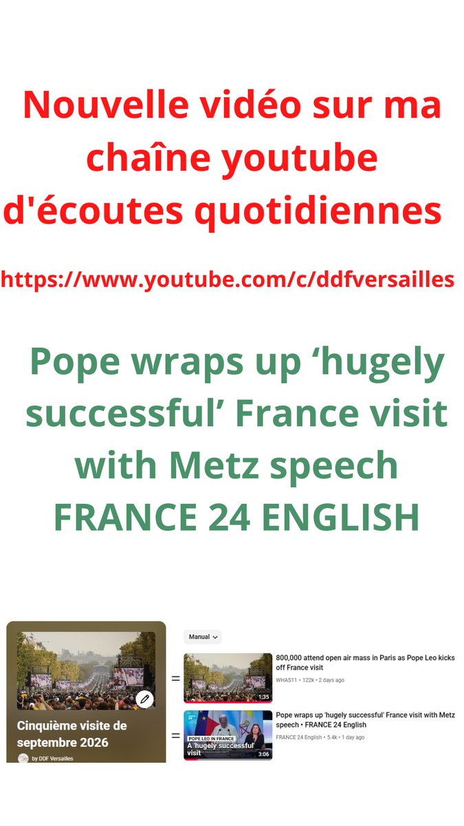 ddfversailles's tweet photo. Une bonne habitude à prendre : écouter une courte vidéo en anglais chaque jour. Retrouver ma sélection sur ma chaîne (aller dans les playlists) : https://t.co/62KGyfJ6pG #ddfversailles #stagedanglais #cpge #englishlistening #apprendrelanglais #PapeLéonXIV #PapeÀParis https://t.co/jI8gp2P2cr