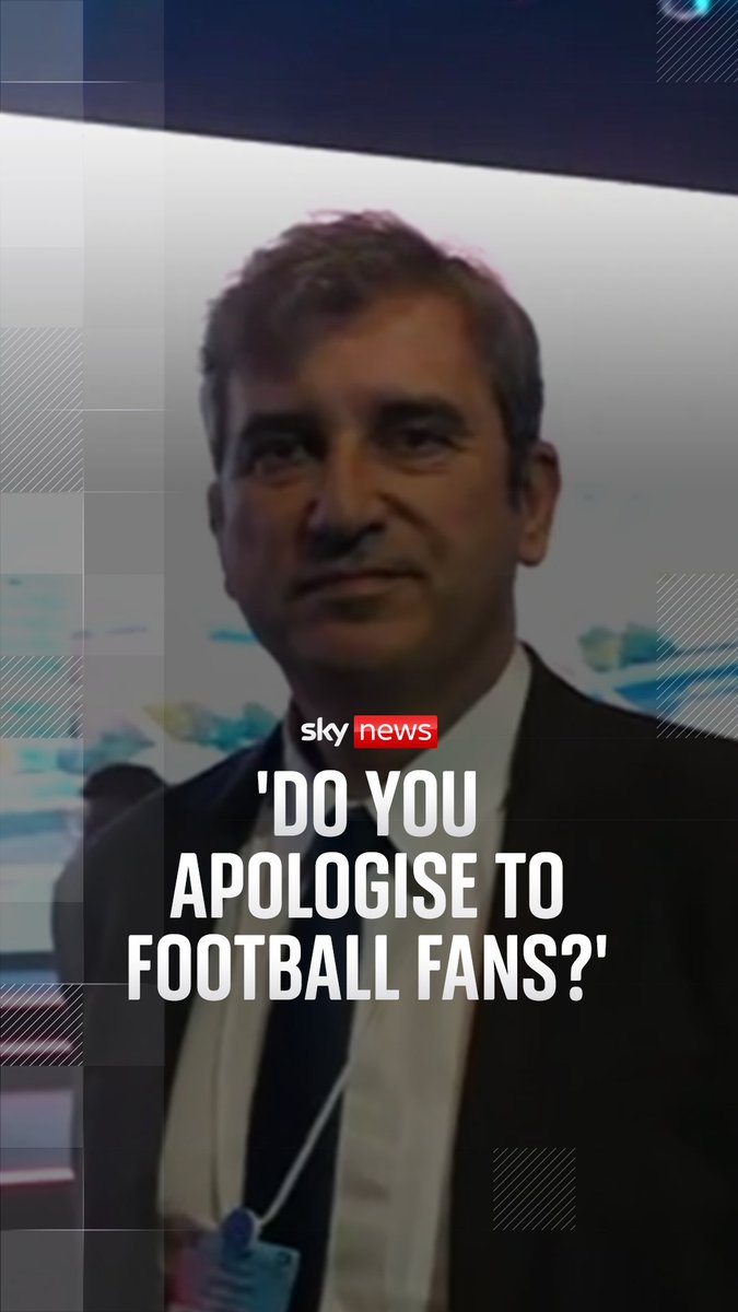 Sky News graphic featuring Ferran Soriano, Man City's chief executive, with the headline text "'DO YOU APOLOGISE TO FOOTBALL FANS?'" overlaid on his image, corresponding to the article about questioning him following Manchester City's guilty verdict on Premier League financial charges.