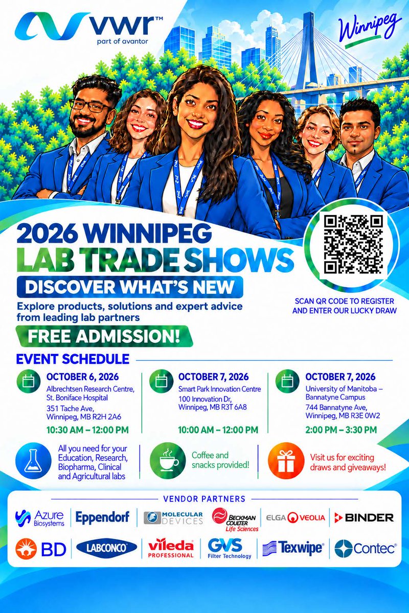 BioscienceMB's tweet photo. Join VWR for the 2026 Winnipeg Lab Trade Shows! Explore products, solutions, and expert advice from leading laboratory partners.

Event Dates 
October 6 | 10:30 AM–12:00 PM
October 7 | 10:00 AM–12:00 PM
October 7 | 2:00–3:30 PM

🎟️ Registration is free! https://t.co/0dcx3DUY7A https://t.co/AocxraGmsB