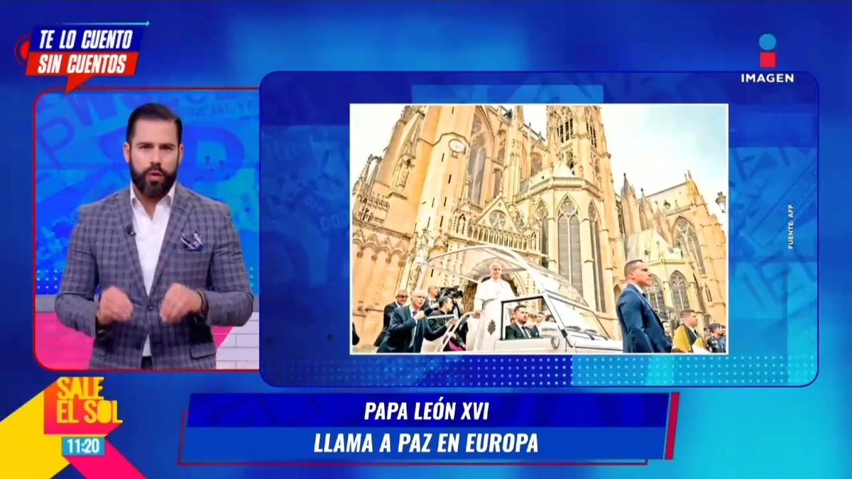 A news broadcast from 'Sale el Sol' on Imagen featuring an anchor with the headline 'Papa León XVI llama a paz en Europa' alongside a photo of Pope Leo XVI in the popemobile.
