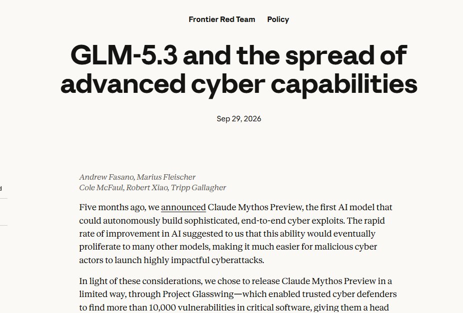 buildwithhassan's tweet photo. Wait, I can't believe Anthropic posted this.

Their new research post is a full red team report on someone else's model, GLM-5.3 from Zhipu.

The finding is that it builds working exploits almost as well as Claude Mythos Preview. You know, the model Anthropic kept locked away for safety.

Except this one you can just download.