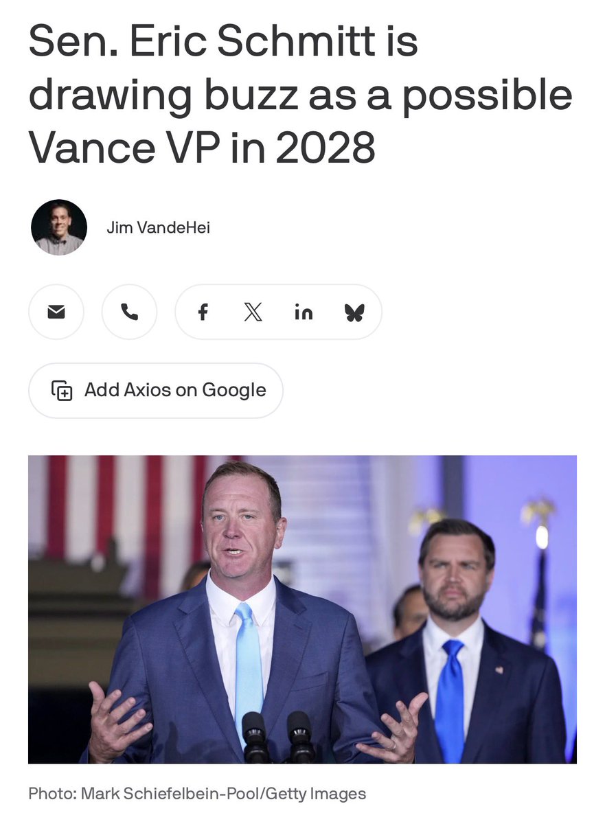 ChristopherHale's tweet photo. @atrupar This morning, Axios said Schmitt was a Vance VP possibility. 

They called him “intelligent, articulate and a deft political operator.“ https://t.co/HxbjIFioie