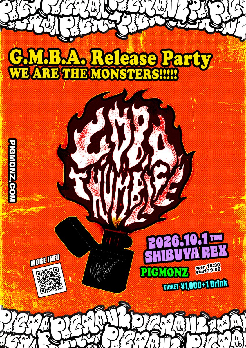 PIGMONZ_idol's tweet photo. 📢#PIGMONZ 新曲
『G.M.B.A.』配信中!!!!

🎧DL / Streaming
https://t.co/GXozSHblpJ

そして！

🔥本日21:30〜
#ぴぐもんずのひみつきち
FC限定生配信⚡️⚡️⚡️⚡️
https://t.co/ymy2BgeRFH
※アーカイブあり

明日🗓️10/1(木)は

⏰12:30〜📺 #うらどる ナツメ生配信
https://t.co/OgoiOBlaJB

⏰19:00〜📍SHIBUYA REXで
『G.M.B.A.』リリースパーティ
PIGMONZのワンマンライブ⚡️
🎟️チケット ¥1,000
購入：https://t.co/sGqzc5K8V7

よろモン🧌🔥
