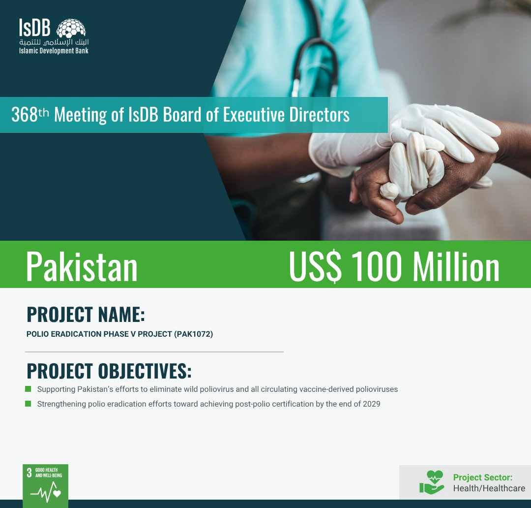 isdb_group's tweet photo. #IsDB has approved US$100 million for #Pakistan’s Polio Eradication Project, supporting national efforts to eliminate wild poliovirus and circulating vaccine-derived polioviruses.

The financing will strengthen Pakistan’s path towards post-polio certification by the end of 2029 and help protect every child from a preventable disease.

Read More 👉: https://t.co/di0usFkoiV

#Health #PolioEradication #SDG3
