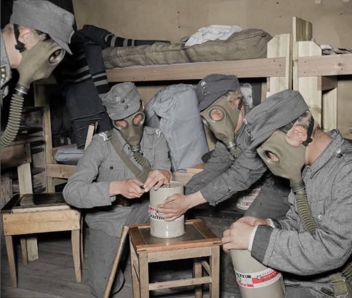 TheAxisCampaign's tweet photo. Finnish soldiers use Zyklon B in their barracks to kill lice on their clothing during the harsh conditions of the Eastern Front.

Zyklon B was designed as a cyanide-based pesticide intended to kill lice which caused the spread of disease.

Eastern Front, 18th of June 1944. https://t.co/B0d2PmG36J