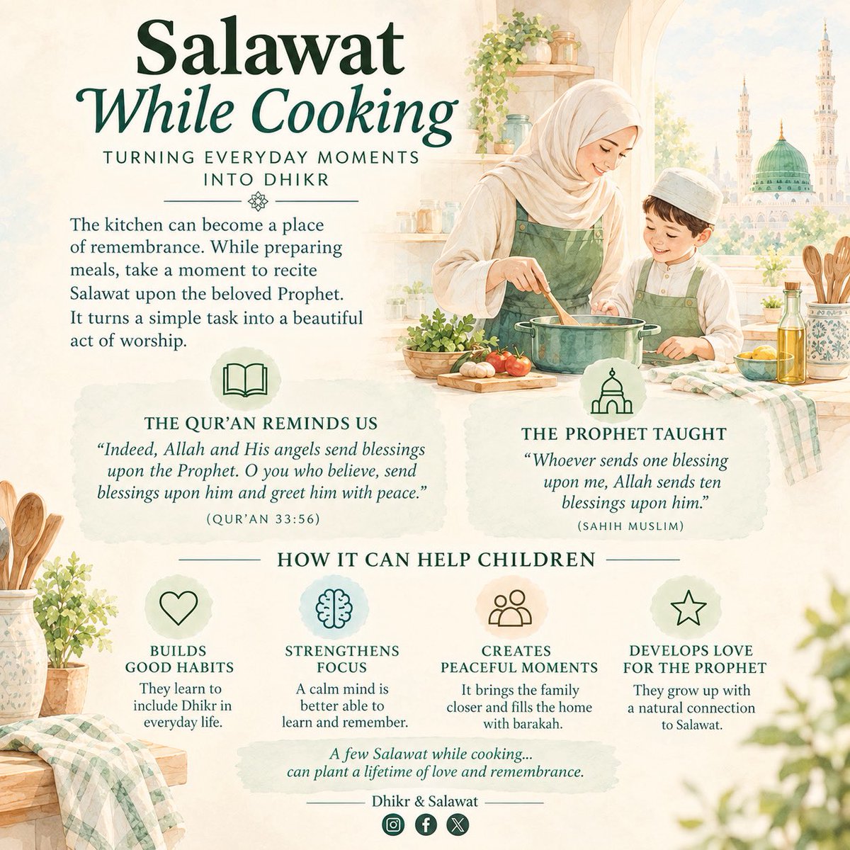 DhikrandSalawat's tweet photo. Nurture your children by being in a state of wudhu and reciting #Salawat whilst cooking. 
This one act alone can turn your children into Awliya’Allah https://t.co/soOd7PlBiv