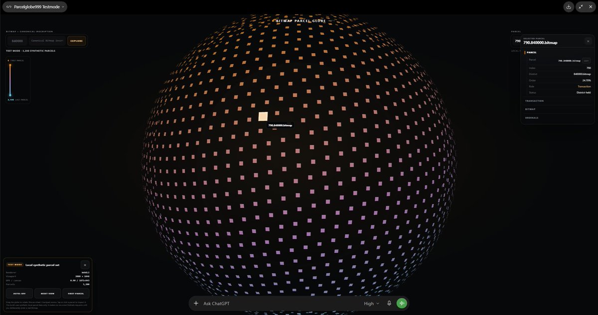 BitmapPlotz's tweet photo. Playing around with an idea - Enter bitmap/id to bring up a bitmap block parcel globe where you can enter to find parcels and then click to see ordinals, runes, etc on a parcel or the bitmap itself https://t.co/y8zxcxH9V5