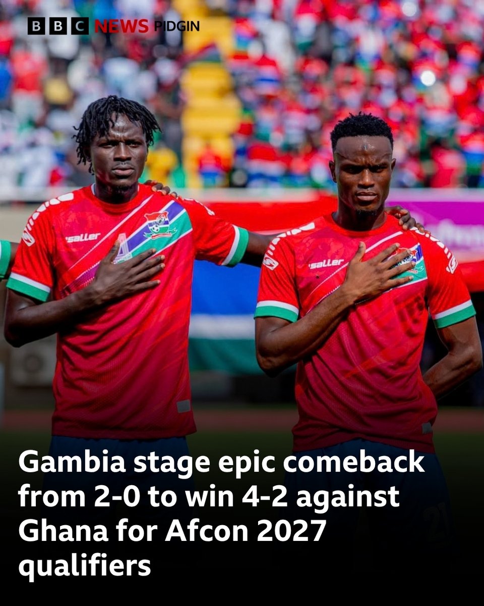 bbcnewspidgin's tweet photo. Gambia press Ghana neck as dem stage epic comeback from 2-0 to win 4-2 against Ghana for dia Afcon 2027 qualifiers.

See how di match take waka: https://t.co/Ofh2Y1hDz2 https://t.co/ZCDVNsRWsX
