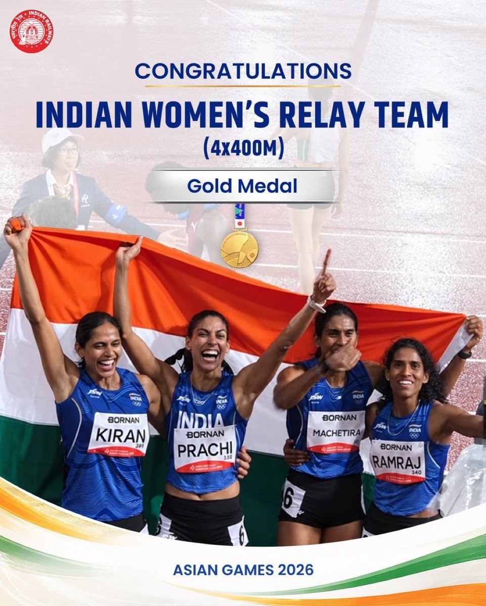 AslamShaikh_MLA's tweet photo. India shines bright with another golden achievement! 🇮🇳🥇

Congratulations to Kiran Pahal, M.R. Poovamma, Prachi Choudhary and Vithya Ramraj on their outstanding Gold-winning performance in the Women’s 4×400m Relay at the #AsianGames2026. https://t.co/fxtl9ooyQD