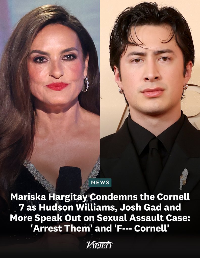 Variety's tweet photo. Mariska Hargitay, Hudson Williams, Florence Pugh, Josh Gad and more Hollywood names are condemning the Cornell 7 on social media. 

“Arrest them. F*ck them and f*ck Cornell," posted "Heated Rivalry" star Williams while sharing photos of the seven men accused of sexually assaulting a female student.

Hargitay re-posted the following statements: “Dear men and boys. If your friends tell you they’re gang raping someone, call the f*cking police”; “Yes, I  think we should ruin the futures of adult men who drug and gang rape a woman. Thanks for asking.”; “57 men were in that fraternity group chat.  57. Not one of them stopped it.”

https://t.co/KqcBiK1U4a