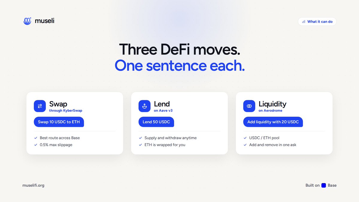 MuseliFi's tweet photo. Three DeFi moves your agent can make on @base:

Swap through KyberSwap
Lend on Aave
Provide liquidity on Aerodrome

Each one is a single sentence. Each one runs inside your limits. https://t.co/ryboHNxq7t
