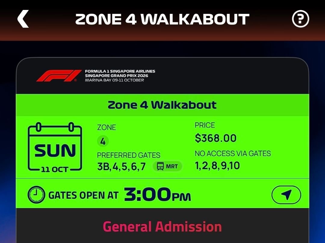 iam_ina's tweet photo. 🏎️ WTS | F1 SINGAPORE GP 2026 🇸🇬
Sunday Race Day — 11 Oct 2026
🎟️ Zone 4 Walkabout ×1
💰 SGD 368 (FV)
✅ Order confirmed
📱 SG GP App transfer
🌎 Overseas fans welcome
DM me if interested 📩
#SingaporeGP #F1Singapore #F1Tickets #WTS https://t.co/TtIUUsecwf