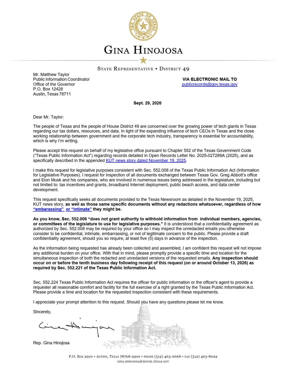 MeidasTouch's tweet photo. 🚨 BREAKING: Texas state Rep. Gina Hinojosa has filed an official request to inspect unredacted communications between Gov. Greg Abbott’s office and Elon Musk and his companies, after roughly 1,400 pages of records released last year were heavily redacted.

The state previously argued that portions of the communications could be withheld because they contained “intimate and embarrassing information.”

In a letter sent to Abbott’s office today, Hinojosa invokes a provision of the Texas Public Information Act governing information requested by lawmakers for legislative purposes. She is seeking the same records previously released to the Texas Newsroom, but “without any redactions whatsoever,” including material deemed “embarrassing” or “intimate.”

Hinojosa says the records could shed new light on Musk’s relationship with Abbott, including his companies’ lucrative state contracts and tax incentives, as well as Musk’s campaign contributions. She argues Musk has turned Texas into a corporate playground and says greater transparency is needed to expose what she describes as corruption in Abbott’s relationship with powerful tech interests.

She is requesting that Abbott’s office arrange an inspection of both the redacted and unredacted records on or around October 13.

Now Texans may finally learn what was considered so “intimate and embarrassing” that it was kept from public view.