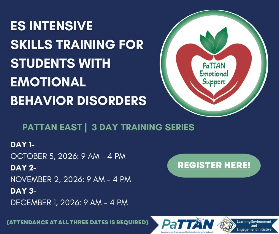 pattanupdates's tweet photo. 🍂 Looking for #Act48 Hours this fall? Registration for the 3-Day ES Intensive Skills Training for Students with Emotional Behavioral Disorders Training Series is now open! 🙌

📆Oct 5 | Nov 2 | Dec 1
🕓9 AM – 4 PM
📍PaTTAN East
🔗https://t.co/VuSTn8KJ7m

#PaTTANEmotionalSupport https://t.co/gY1gUvlEX1
