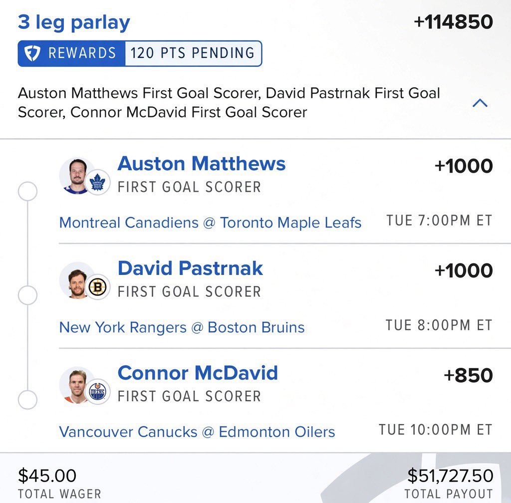 FcSlips's tweet photo. NHL is back.
$45 on Matthews, Pasta &amp; McDavid first goals.

$51k if it hits.
@Playbook https://t.co/7Z1tkwEmHC