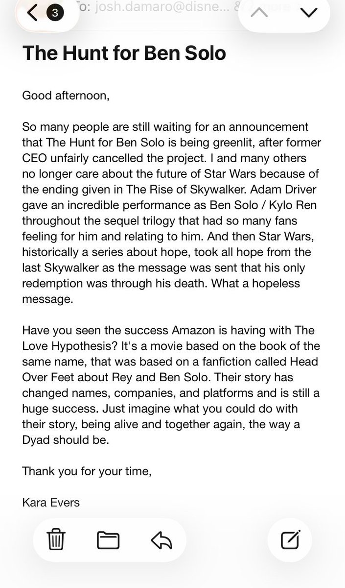 EversKara's tweet photo. Sent my email for the #DigitalRallyForBenSolo today. Reminding @WaltDisneyCo @starwars that we still want #TheHuntForBenSolo https://t.co/YdDUovTkjt