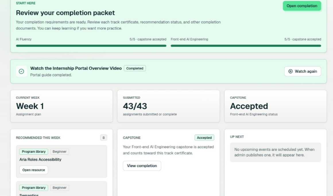 TheKingMaker37's tweet photo. I'm officially done with my internship.
Eight weeks. Hundreds and hundreds of hours. 43 deliverables, including 3 capstone projects. 20 Anthropic certificates. And I couldn't be more grateful.
#BuildInPublic #Internship #FrontendDevelopment #AIFluency #10XAI #WomenInTech https://t.co/Emkiq24zi9